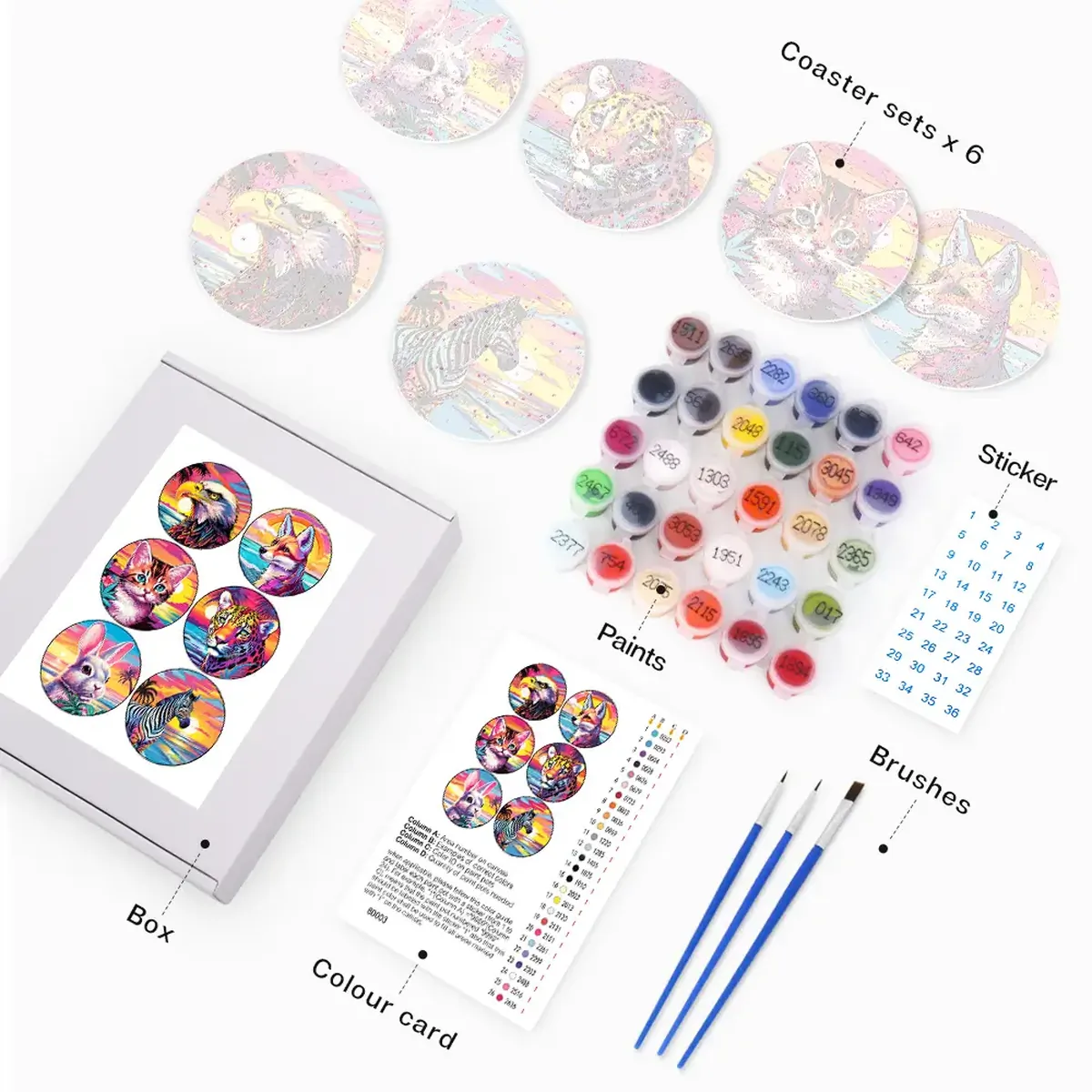 Bunte Tiere – Tiger Fuchs Katze Untersetzer DIY Malen nach Zahlen 1 - Paint by Numbers Colorful Animals - Tiger Fox Cat Coasters DIY Paint By Numbers