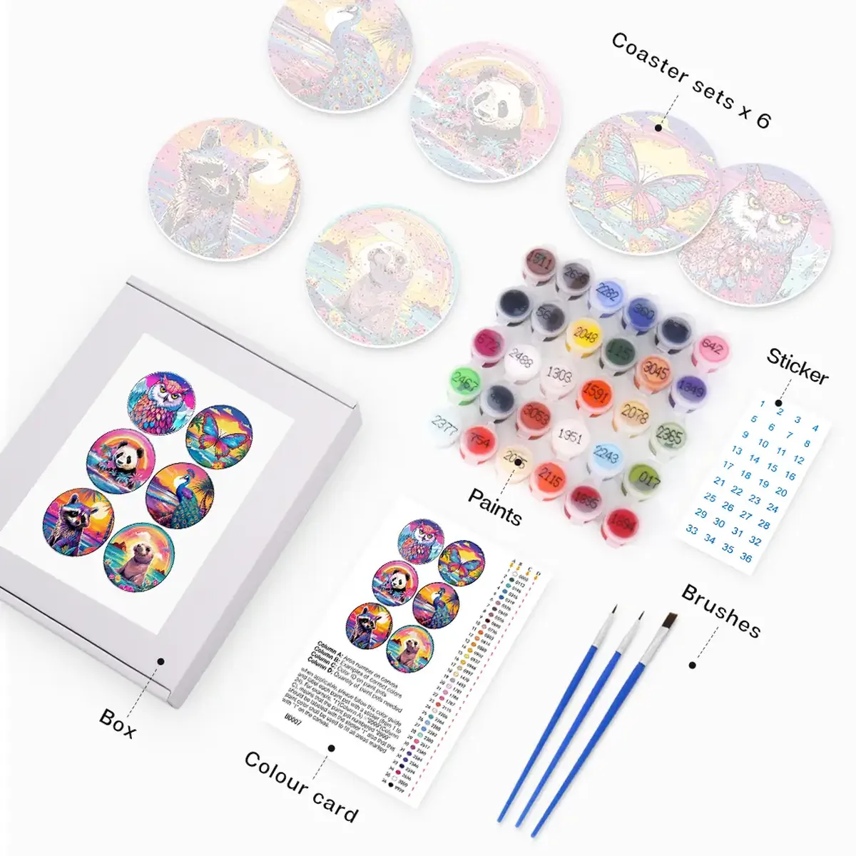 Niedliche Tiere und Vögel DIY Untersetzer 1 - Paint by Numbers Cute Animals and Birds Coasters DIY paint By Numbers 1 1 - Paint by Numbers