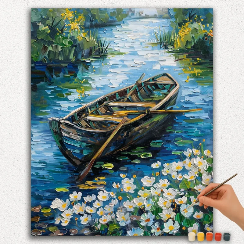 Paint By Numbers - DIamond Painting Ver PNV (186) Beautiful Boat and White Flowers