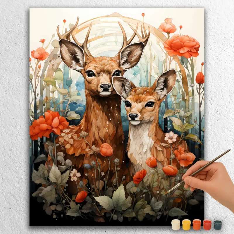Flowers and Two Deer