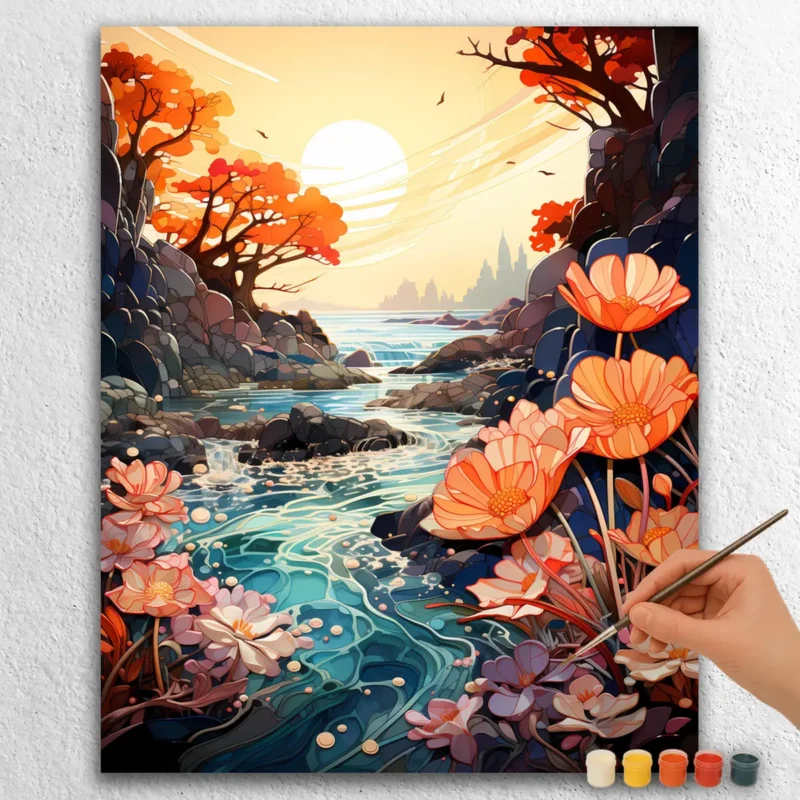 California 60617 Pink Flowers and River