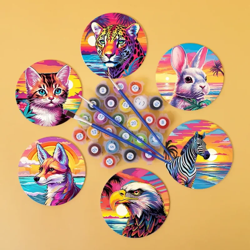 Colorful Animals - Tiger Fox Cat Coasters (4) Colorful Animals - Tiger Fox Cat Coasters DIY Paint By Numbers