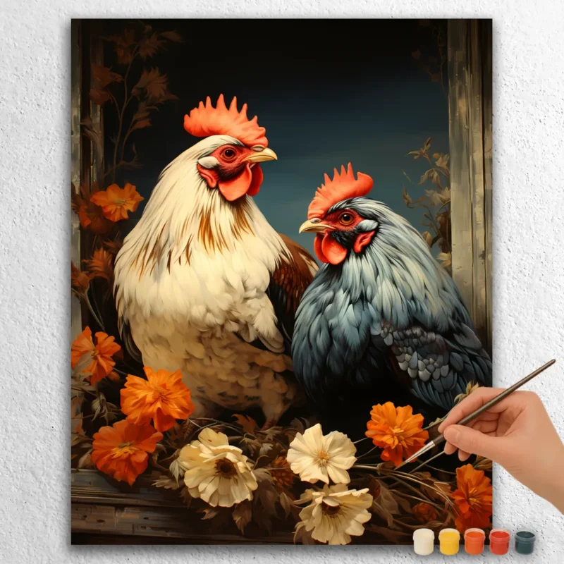 Cute Farm Animals 3972 White and Blue Cock and Hen