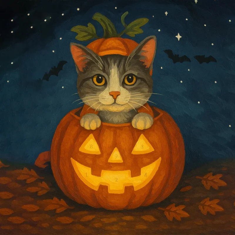 Black cat in pumpkin - Custom halloween pet portrait